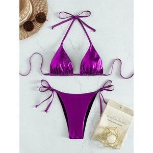 Medium & Large Metallic Purple Tie Side Halter Triangle Bikini Swimsuit